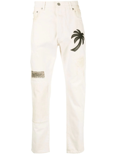 Palm Angels Palm Tree-patch Straight-leg Jeans In Beige