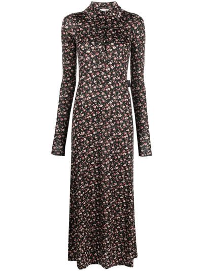 Palm Angels Black Floral Print Maxi Dress In Black Pink