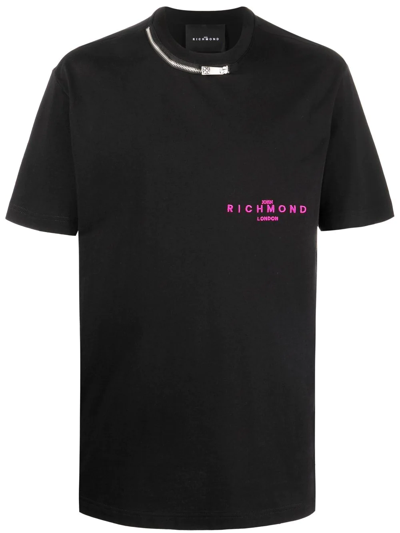 John Richmond Embroidered-logo Zip-detail T-shirt In Black