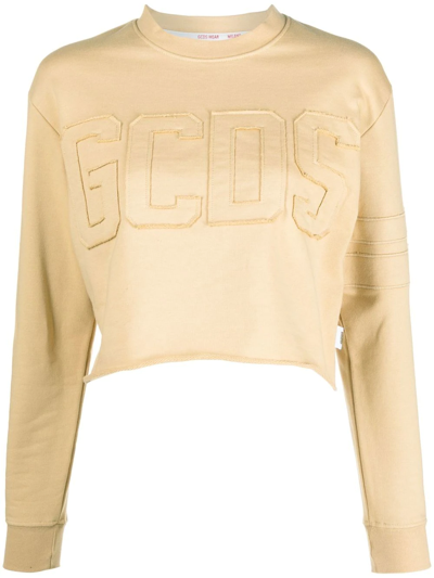 Gcds Logo Cotton Cropped Sweatshirt In Beige