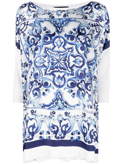 Dolce & Gabbana Silk Twill Crew-neck Pullover With Majolica Print In Multi