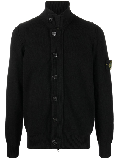 Stone Island Compass-patch Knitted Cardigan In Black