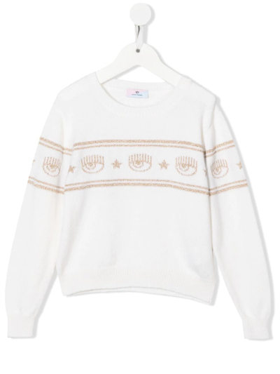 Chiara Ferragni Kids' Eyelike-intarsia Metallic Jumper In White