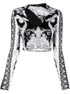 Versace Black And Gray Crop Top In Stretch Fabric With Allover Barocco Print Woman In Black