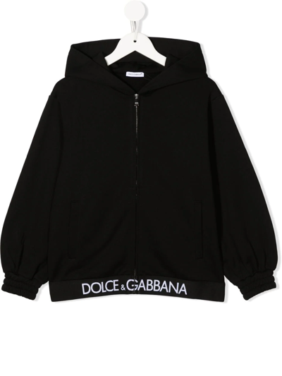 Dolce & Gabbana Kids' Logo-trim Zip-up Hoodie In Black