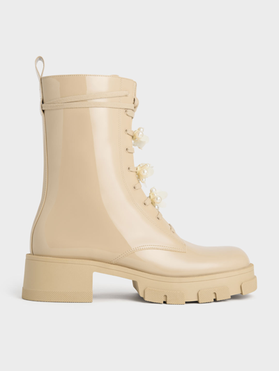 Charles & Keith Hayden Bead-embellished Patent Boots In Nude