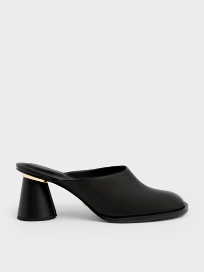 Charles & Keith Medina Leather Cylindrical Heel Mules In Black