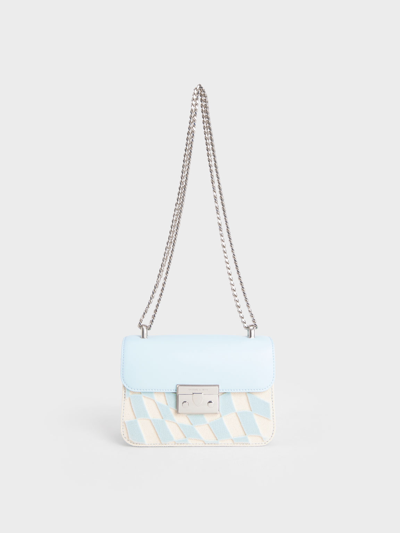 Charles & Keith Metallic Push-lock Checkered Chain Bag In Light Blue