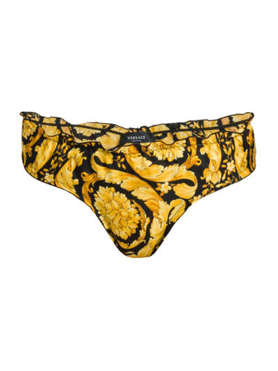 Versace Baroque Print Silk Cheeky Trouseries In Black Gold