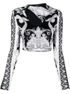 Versace Black And Gray Crop Top In Stretch Fabric With Allover Barocco Print Woman In Black