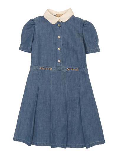 Gucci Kids Short Sleeved Buttoned Denim Dress In Blue