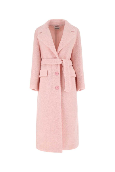 Miu Miu Single Breasted Belted Long Sleeved Coat In Pink