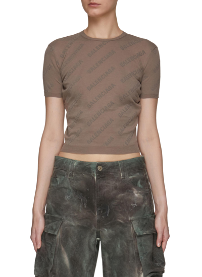 Balenciaga Logo-print Cropped Knitted Top In Neutral