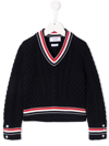 Thom Browne Rwb Cricket Cable Sweater In Blue