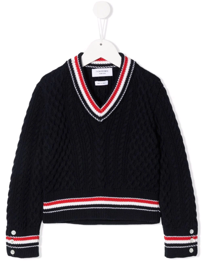 Thom Browne Kids' Rwb Cricket Cable Sweater In Blue