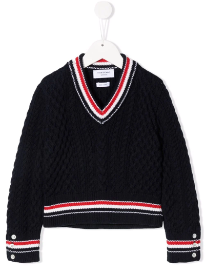 Thom Browne Kids' Rwb Cricket Cable Jumper In Blue