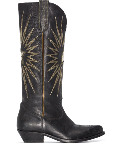 Golden Goose Wish Star Embroidered Textured-leather Knee Boots In Black