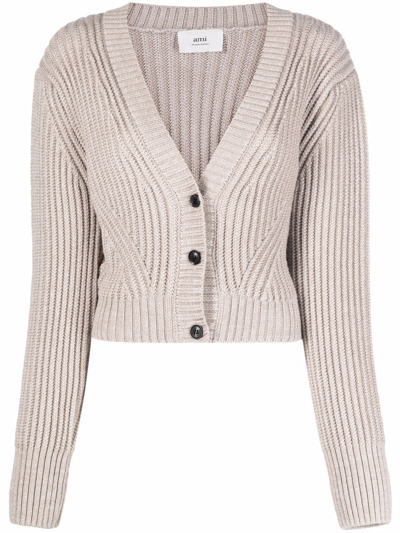 Ami Alexandre Mattiussi Cropped Ribbed-knit Cardigan In Neutrals