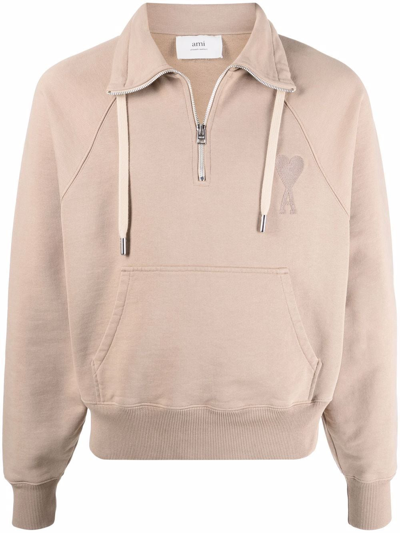 Ami Alexandre Mattiussi Ami De Coeur Half-zip Sweatshirt In Neutrals