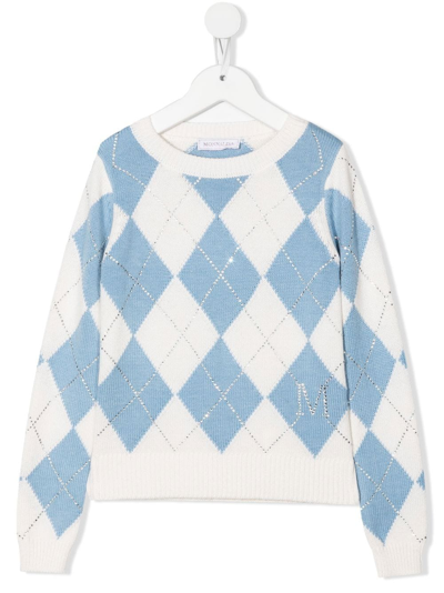 Monnalisa Kids' Argyle-pattern Knitted Sweater In Cream + Light Blue