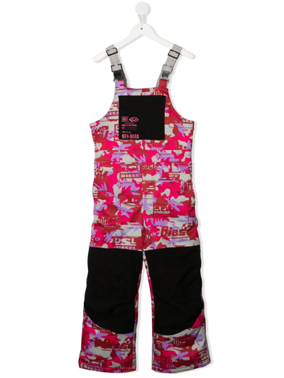 Diesel Kids' Salopette Da Sci In Stampa Camouflage Rosa E Logo Allover In Red