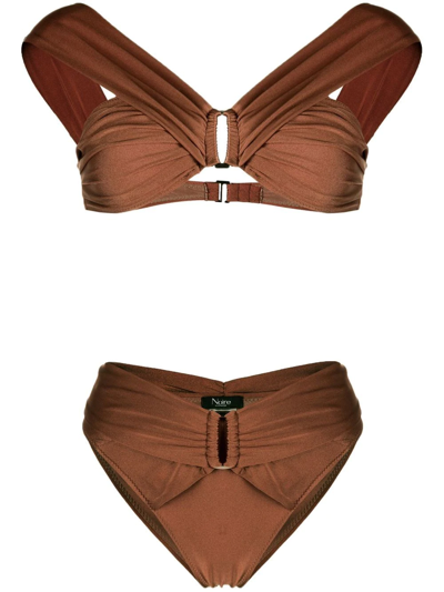 Noire Swimwear Ruched-detail Off-shoulder Bikini In Brown