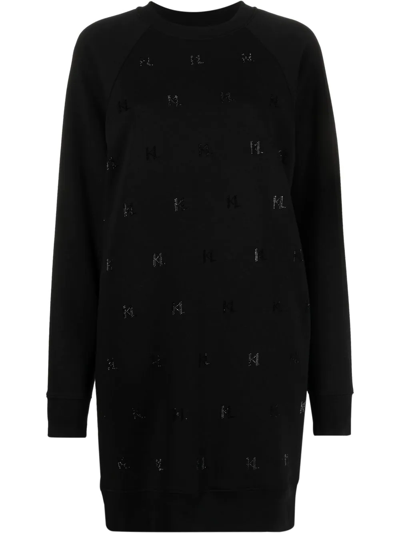 Karl Lagerfeld Rhinestone Monogram Sweater Dress In Black