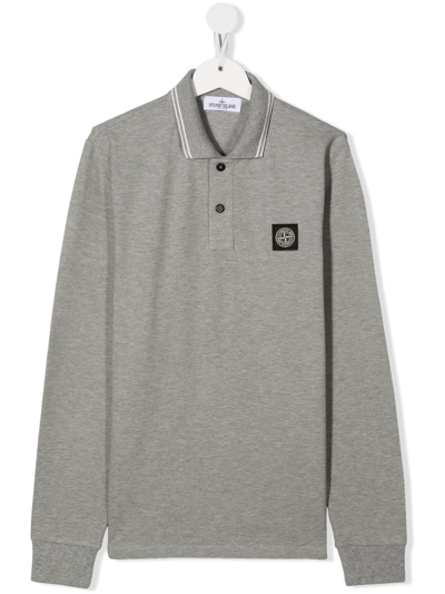 Stone Island Junior Teen Logo-patch Long-sleeve Polo Shirt In Grey