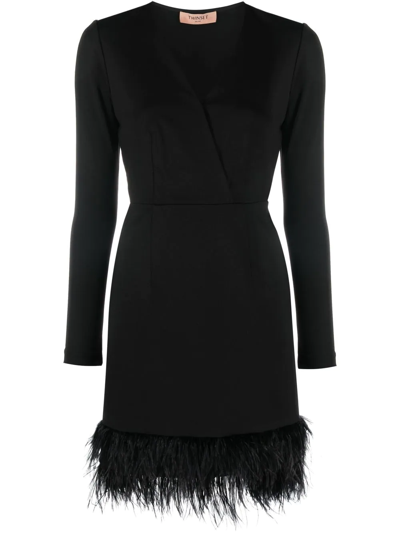 Twinset Knee Lenght Long Sleeved Dress Feathers Detail At The Bottom In Black