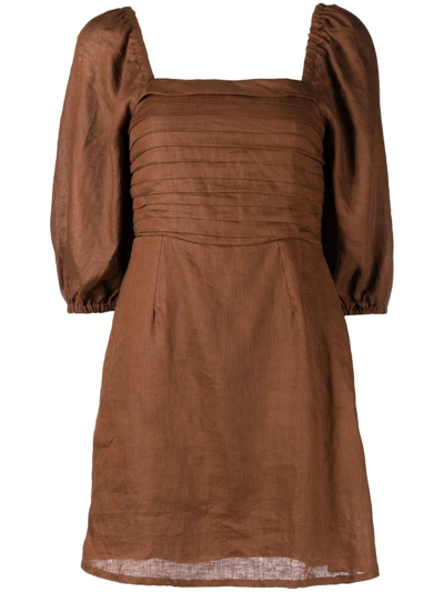 Faithfull The Brand Venezia Shirred Pintucked Linen Midi Dress In Brown