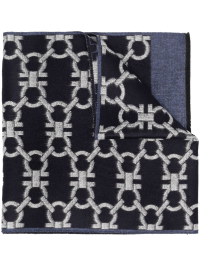 Ferragamo Blue And Grey Gancini Monogram Scarf