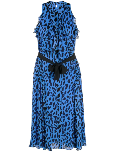 Diane Von Furstenberg Leopard-print Ruffled Halterneck Dress In Bright Blue