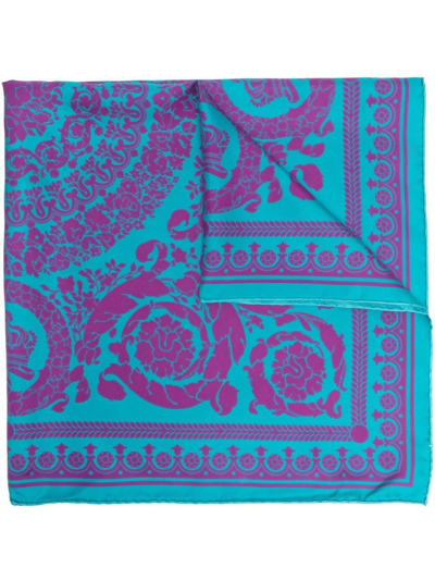 Versace Barocco Silhouette Silk Foulard In Blue