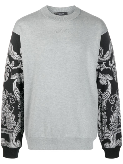 Versace Barocco Cotton Blend Knit Sweater In Grey,black