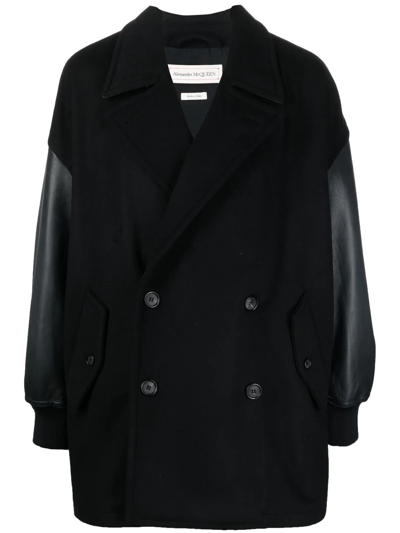Alexander Mcqueen Leather-trim Double-breasted Jacket In Black