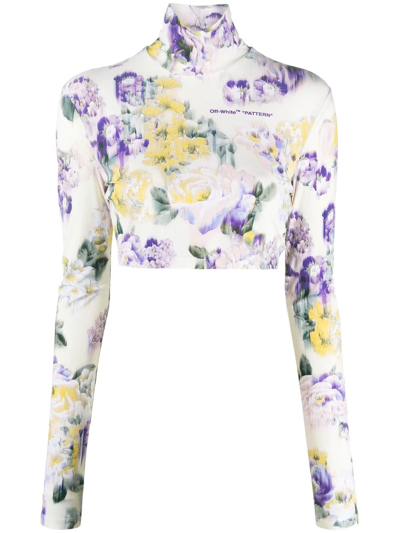 Off-white High Neck Crop Top With Floral Print In Light Green Flower