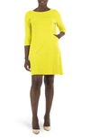 Nina Leonard Crew Neck 3/4 Length Sleeve Swing Dress In Chartreuse
