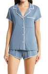 Eberjey Frida Whipstitch Jersey Knit Short Pajamas In Coastal Blue/ivory