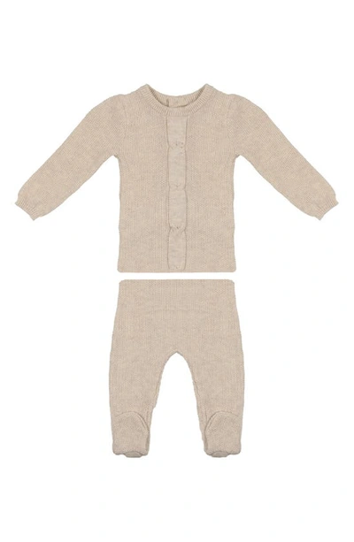 Maniere Babies' Braided Rope Knit Cotton Long Sleeve Top & Pants Set In Heather Sand