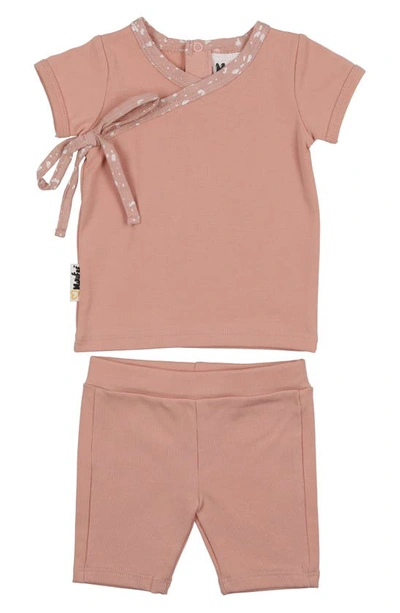 Maniere Babies' Speckle Trim Stretch Cotton Wrap Shirt & Shorts Set In Dark Pink