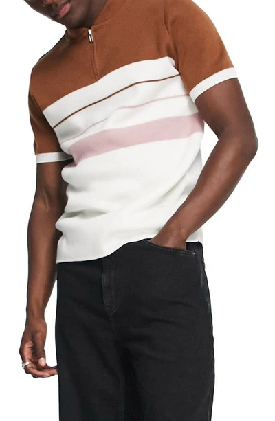 Topman Knitted Polo With Baseball Collar In Tan-brown