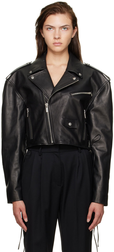 Magda Butrym Cropped Lace-up Leather Biker Jacket In Nero