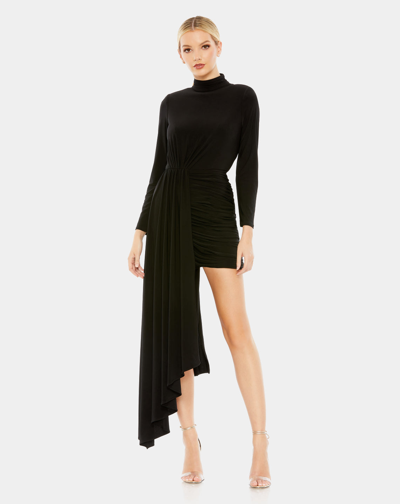 Ieena For Mac Duggal Jersey High Neck Asymmetrical Draped High Low Dress In Black
