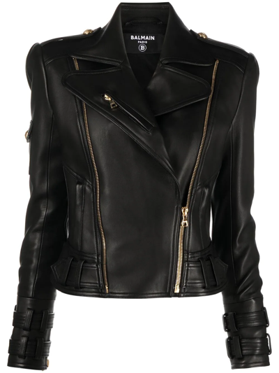 Balmain Zipped Leather Biker Jacket In Black