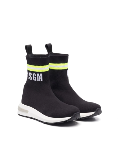 Msgm Teen Intarsia-logo Sock-style Sneakers In Black