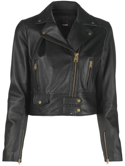 Pinko Cropped Biker Jacket In Black