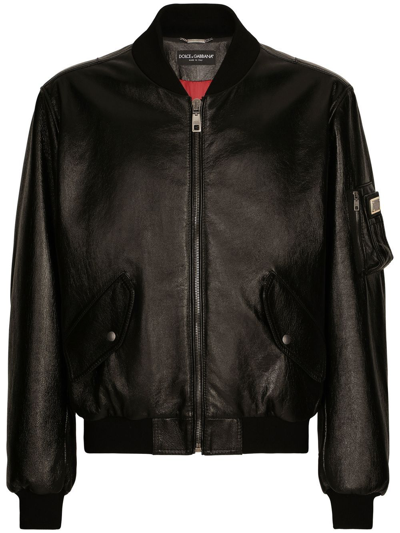 Dolce & Gabbana Black Leather Bomber Jacket