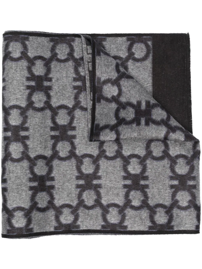 Ferragamo Gancini-pattern Knitted Scarf In Grey