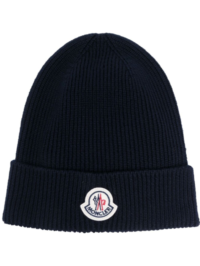 Moncler Logo Wool Rib Knit Beanie In Navy