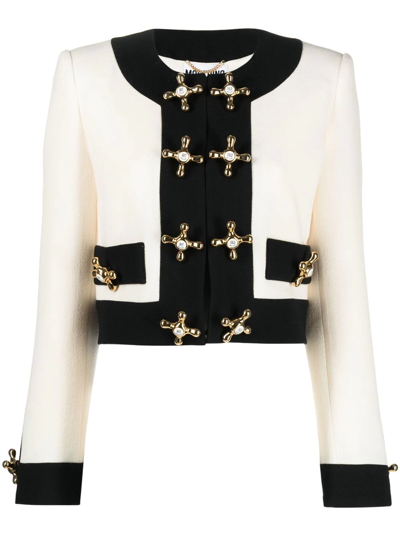 Moschino Cross-plaque Detail Cropped Blazer Jacket In Beige